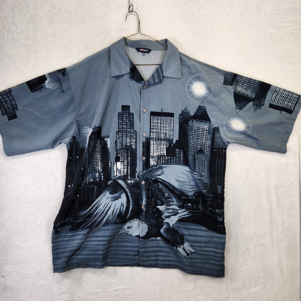 Bignd Mens XXL Blue Eagle Cityscape Graphic Short Sleeve‎ Button Down Shirt